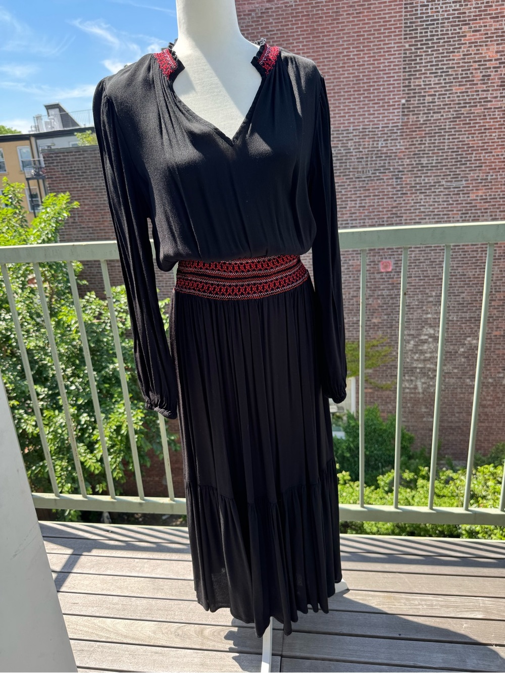 GAP Black Maxi Dress with Red Embroidered Waist and Neck